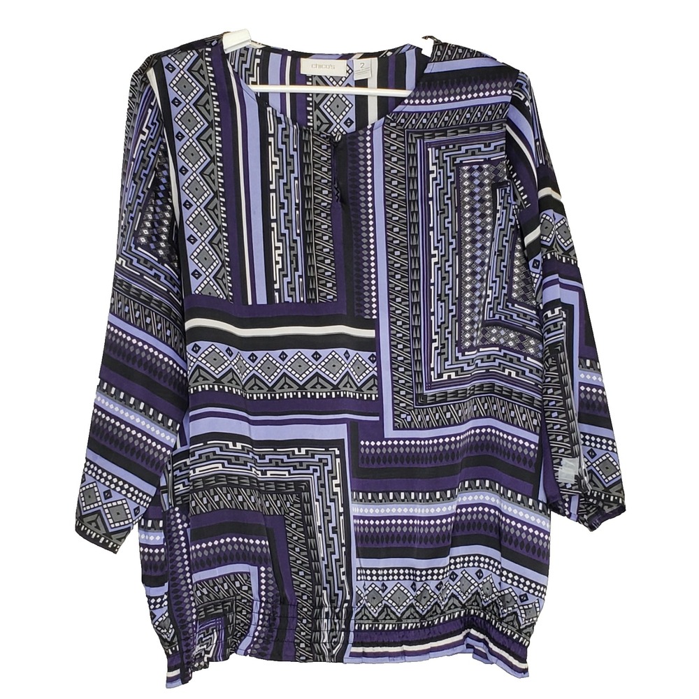 Chico's Pullover Top Blouse Size 2 Blue‎ Black Print 3/4 Sleeve Peep Hole Neck